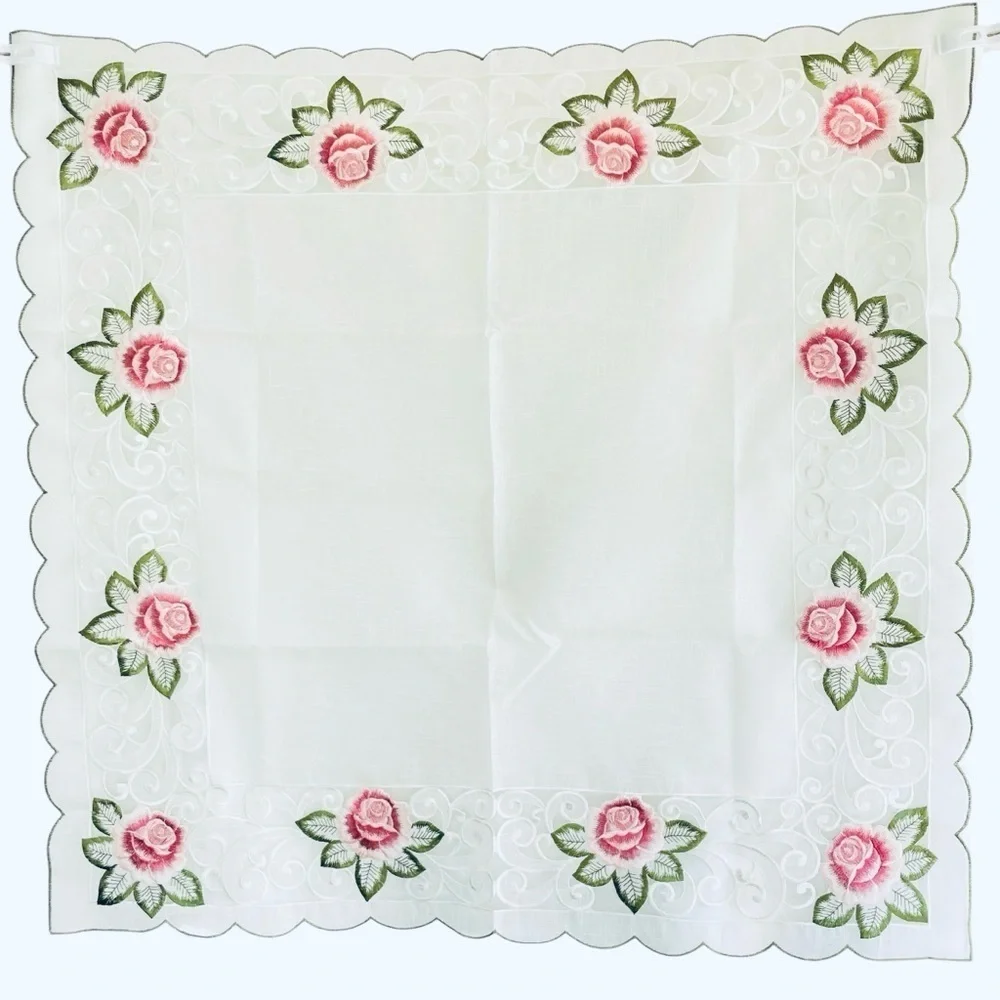 EMBROIDERED TABLECLOTH centerpiece on thick polyester roses 2’9”